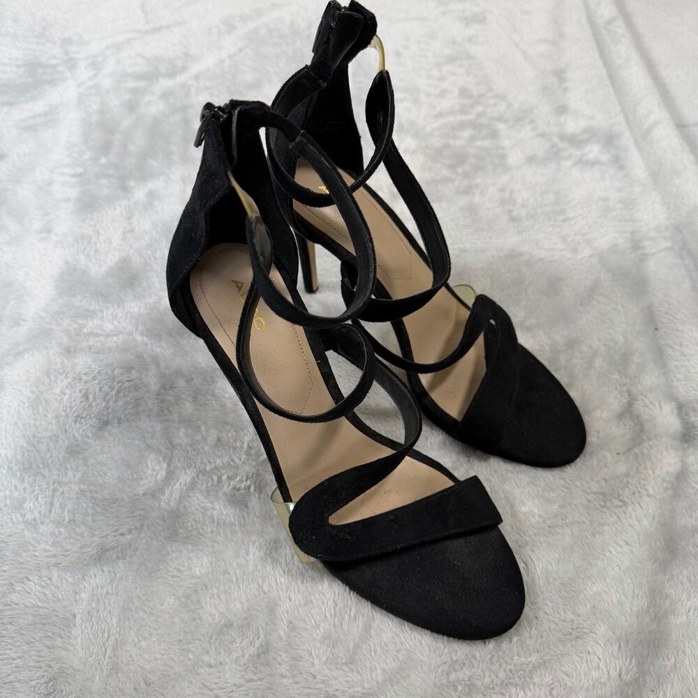 ALDO Womens 7.5 Black Strappy Stiletto Heels Suede Ankle Strap Dress Sandals